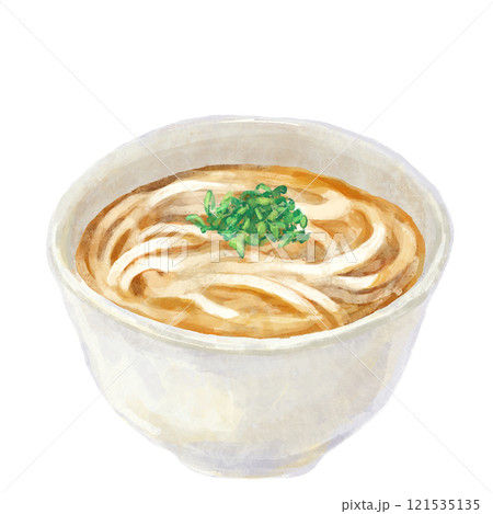 ねぎがのったシンプルな温かいかけうどんのイラスト ねぎがのったシンプルな温かいかけうどんのイラスト 121535135