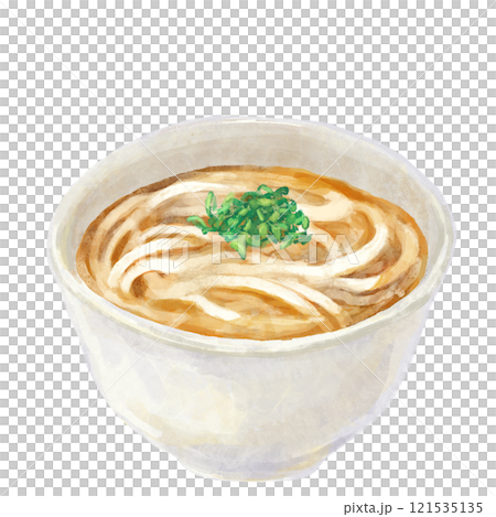 ねぎがのったシンプルな温かいかけうどんのイラスト ねぎがのったシンプルな温かいかけうどんのイラスト 121535135
