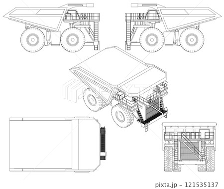 Set with contours of a large truck from black lines isolated on a white background. Isometric view, side, front, top. Vector illustration. 121535137