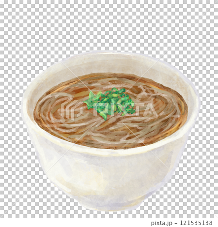 A simple illustration of hot soba noodles topped with green onions 121535138