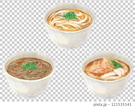 Simple illustrations of classic Japanese noodles (soba, udon, kishimen) 121535141