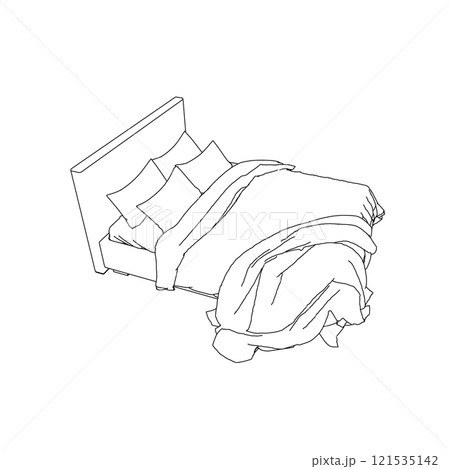 Outline of a sleeping bed with an unmade blanket and pillows from black lines isolated on a white background. Isometric view. Vector illustration. 121535142