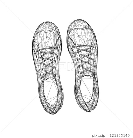 Wireframe of sports sneakers from black lines isolated on white background. View from above. 3D. Vector illustration. 121535149