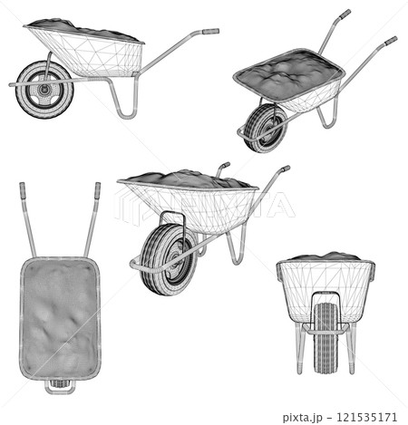 A set with wheelbarrow frames on two wheels for transporting goods by hand in different positions from black lines isolated on a white background. 3D. Vector illustration. A set with wheelbarrow frames on two wheels for transporting goods by hand in different positions from black lines isolated on a white background. 3D. Vector illustration. 121535171