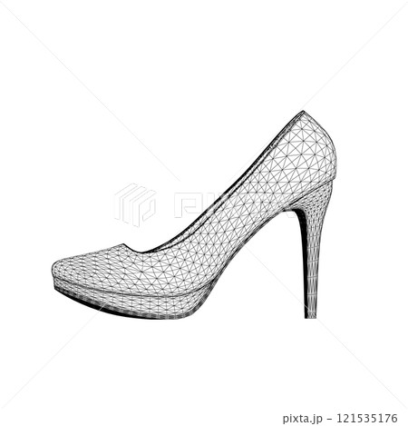 Wireframe of women's high-heeled shoes from black lines isolated on white background. Side view. 3D. Vector illustration. 121535176