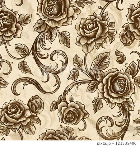 A timeless and elegant floral damask pattern featuring intricate gold roses and leaves on a creamy white background.  121535406