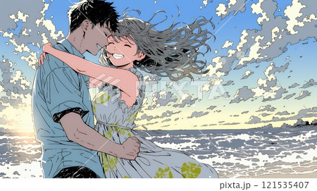 夕方の海辺でハグする（抱き合う）若い恋人たち