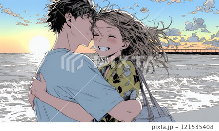 夕方の海辺でハグする（抱き合う）若い恋人たち