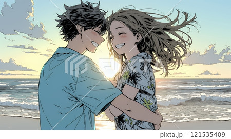夕方の海辺でハグする（抱き合う）若い恋人たち