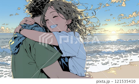 夕方の海辺でハグする（抱き合う）若い恋人たち