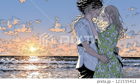 夕方の海辺でハグする（抱き合う）若い恋人たち
