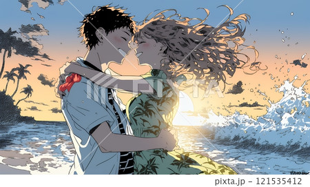 夕方の海辺でハグする（抱き合う）若い恋人たち