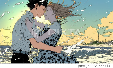 夕方の海辺でハグする（抱き合う）若い恋人たち