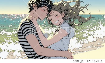 夕方の海辺でハグする（抱き合う）若い恋人たち