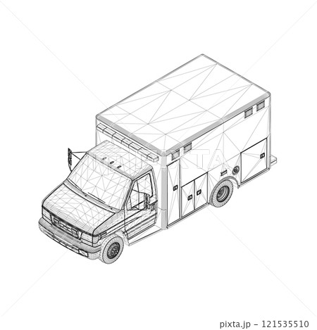 Ambulance car wireframe from black lines isolated on white background. Isometric view. 3D. Vector illustration. 121535510
