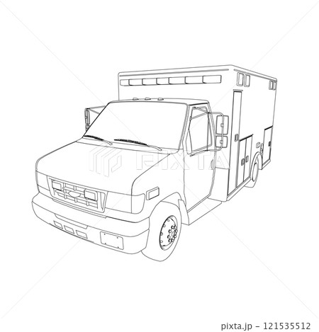 Ambulance car outline from black lines isolated on white background. Perspective view. 3D. Vector illustration. 121535512