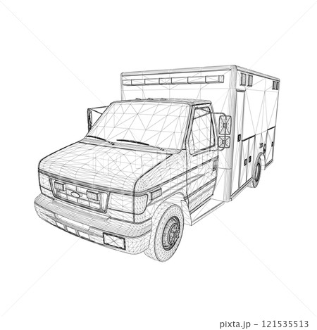 Ambulance car wireframe from black lines isolated on white background. Perspective view. 3D. Vector illustration. Ambulance car wireframe from black lines isolated on white background. Perspective view. 3D. Vector illustration. 121535513