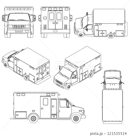 Set with contours of an ambulance from black lines isolated on a white background. Side view, isometric, front, back, top. 3D. Vector illustration. 121535514