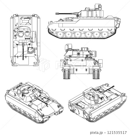 Set with contours of a battle tank from black lines isolated on a white background. Isometric view, side, front, top. Vector illustration. Set with contours of a battle tank from black lines isolated on a white background. Isometric view, side, front, top. Vector illustration. 121535517