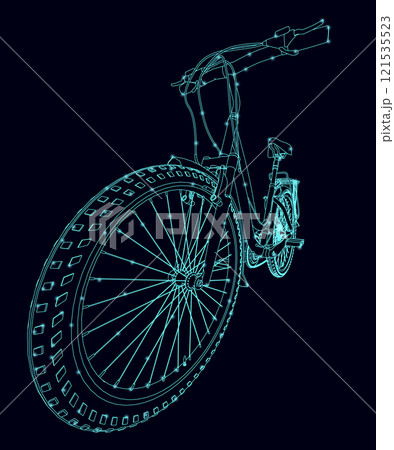 Bicycle wireframe made of blue lines isolated on a dark background. Perspective view. 3D. Vector illustration. 121535523