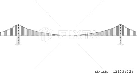 Outline of a large detailed bridge with lanterns. Side view. 3D. Vector illustration. 121535525