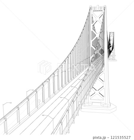 Outline of a large detailed bridge with lanterns. Perspective view. 3D. Vector illustration. Outline of a large detailed bridge with lanterns. Perspective view. 3D. Vector illustration. 121535527