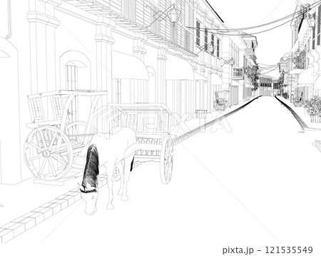 Outline of a medieval street with a horse and cart from black lines isolated on a white background. Perspective view. 3D. Vector illustration. Outline of a medieval street with a horse and cart from black lines isolated on a white background. Perspective view. 3D. Vector illustration. 121535549