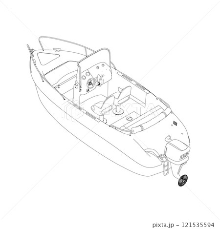 Outline of a water boat from black lines isolated on a white background. Isometric view. Vector illustration. Outline of a water boat from black lines isolated on a white background. Isometric view. Vector illustration. 121535594