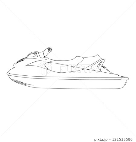 Outline of a water scooter from black lines isolated on a white background. Side view. Vector illustration. Outline of a water scooter from black lines isolated on a white background. Side view. Vector illustration. 121535596