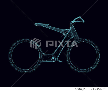Wireframe of a modern bicycle made of blue lines with glowing lights isolated on a dark background. Side view. 3D. Vector illustration. Wireframe of a modern bicycle made of blue lines with glowing lights isolated on a dark background. Side view. 3D. Vector illustration. 121535696