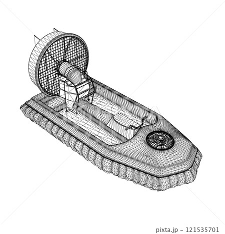 Wireframe of the boat on a pillow with a propeller from black lines isolated on a white background. Isometric view. 3D. Vector illustration. 121535701