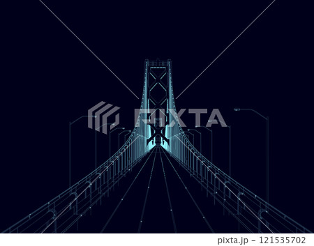 Outline of a bridge with lanterns made of blue lines isolated on a dark background. Front view. Vector illustration. 121535702