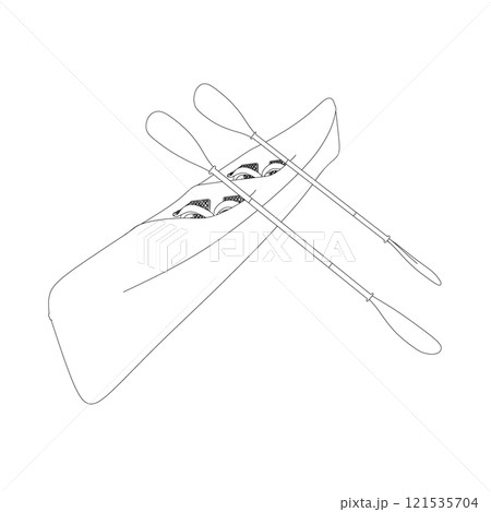 Outline of a canoe with oars from black lines isolated on a white background. Vector illustration. 121535704