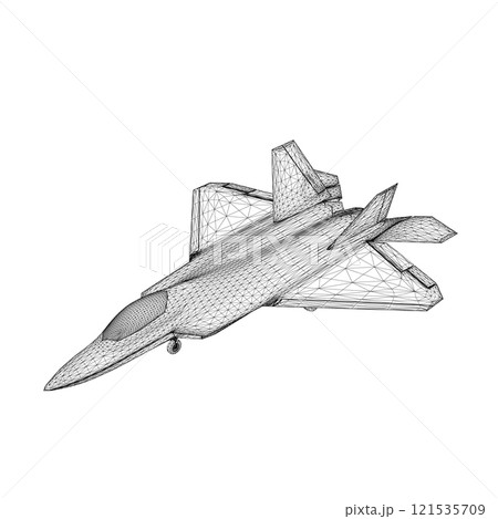 Combat fighter jet wireframe from black lines isolated on white background. Isometric view. 3D. Vector illustration. 121535709