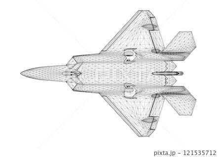 Combat fighter jet wireframe from black lines isolated on white background. Bottom view. 3D. Vector illustration. 121535712