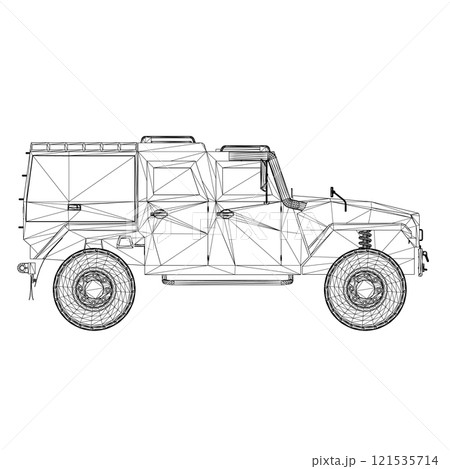 Black line combat jeep wireframe isolated on white background. Side view. 3D. Vector illustration. Black line combat jeep wireframe isolated on white background. Side view. 3D. Vector illustration. 121535714