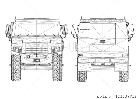 Black line combat jeep wireframe isolated on white background. Front, back view. 3D. Vector illustration. 121535715