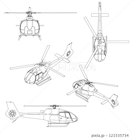 Set with contours of a detailed helicopter from black lines isolated on a white background. Isometric view, front, top, side. Vector illustration. Set with contours of a detailed helicopter from black lines isolated on a white background. Isometric view, front, top, side. Vector illustration. 121535734