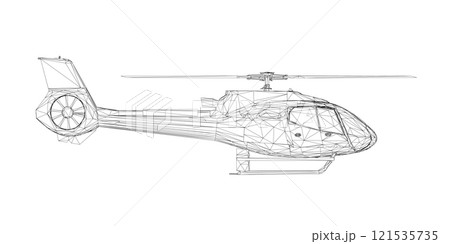 Helicopter wireframe from black lines isolated on white background. Side view. 3D. Vector illustration. Helicopter wireframe from black lines isolated on white background. Side view. 3D. Vector illustration. 121535735