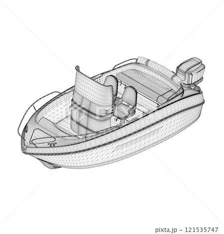 Motor boat wireframe from black lines isolated on white background. Isometric view. 3D. Vector illustration. Motor boat wireframe from black lines isolated on white background. Isometric view. 3D. Vector illustration. 121535747