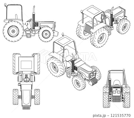 Set with contours of a detailed tractor from black lines isolated on a white background. Front, side, isometric, top view. Vector illustration. 121535770