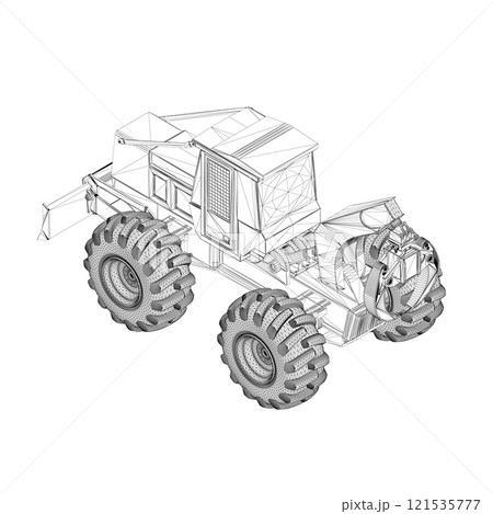Wireframe of an industrial grader tractor with tongs for lifting cargo from black lines isolated on a white background. Isometric view. 3D. Vector illustration. 121535777