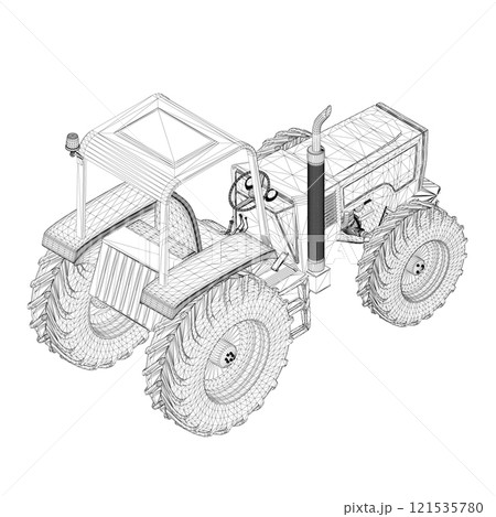 Wireframe of an industrial tractor from black lines isolated on a white background. Isometric view. 3D. Vector illustration. Wireframe of an industrial tractor from black lines isolated on a white background. Isometric view. 3D. Vector illustration. 121535780