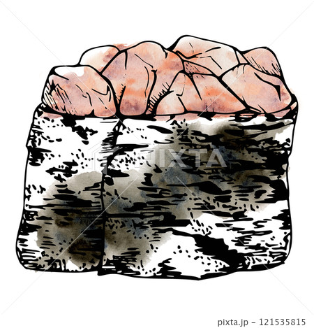 Traditional Japanese food, gunkan sushi seaweed nori wrap with raw fish salmon tuna crab seabass whitefin hand drawn in watercolor and ink. Illustration for restaurant, cafe menu, kitchen, recipe book 121535815