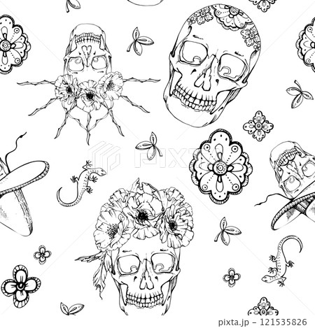 Cinco de Mayo human skull in sombrero hat, flower crown. Mexican holiday Day of the Dead symbol. Hand drawn ink vector isolated illustration. Seamless pattern for gift shop, fiesta paper, scrapbooking 121535826