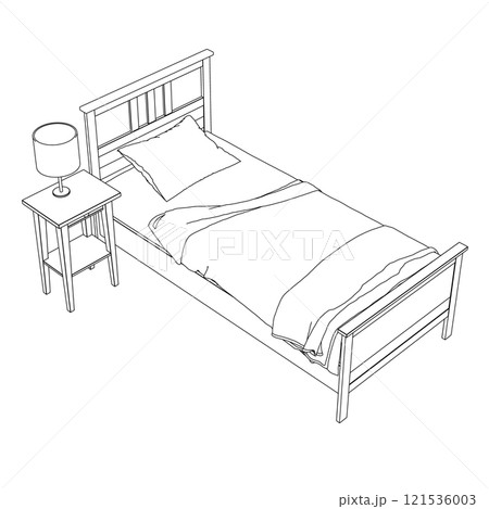 Outline of a bed with a blanket and a pillow with a bedside table with a lamp made of black lines isolated on a white background. Isometric view. Vector illustration. 121536003