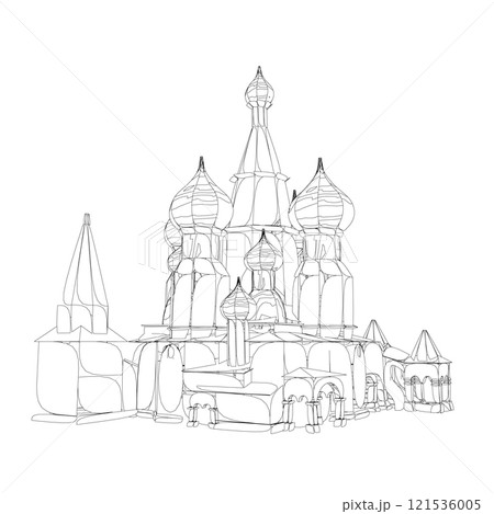 The contour of the church building with domes from black lines isolated on a white background. Front view. 3D. Vector illustration. 121536005