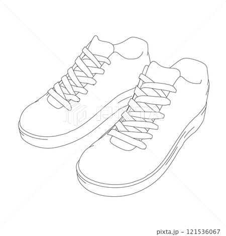 The contour of sports sneakers from black lines isolated on a white background. Isometric view. Vector illustration. The contour of sports sneakers from black lines isolated on a white background. Isometric view. Vector illustration. 121536067