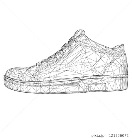 Wireframe of sports sneakers from black lines isolated on white background. Side view. 3D. Vector illustration. 121536072