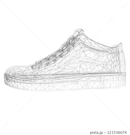Wireframe of sports sneakers from black lines isolated on white background. Side view. 3D. Vector illustration. 121536074